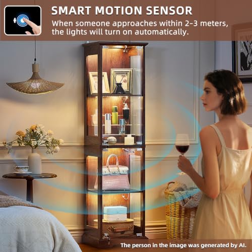 Narrow Glass Display Cabinet with Motion-Sensor Light, Walnut Wood