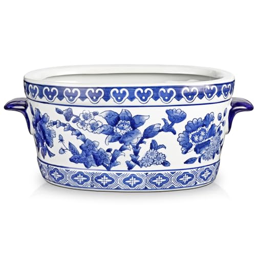 Blue and White Ceramic Planter Pot - Vintage Floral Oval Cachepot
