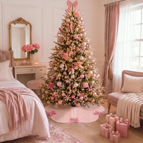 Syhood 30 Inch Pink Velvet Christmas Tree Skirt with Scalloped Edge & Bow (Pink, 30 Inch)