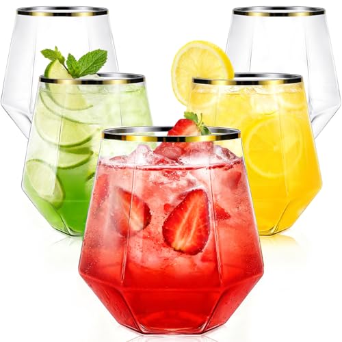 40 Pack 12oz Gold Rimmed Stemless Plastic Wine Glasses, Disposable Cups