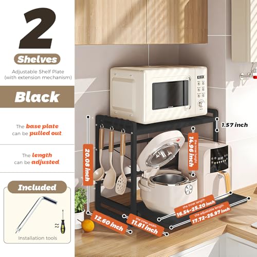 2-Tier Adjustable Microwave Rack, Extendable Kitchen Counter Shelf with Drawer