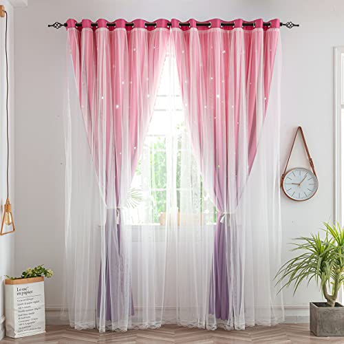 Girls Star Blackout Curtains with Tulle Overlay, 63-inch Pink Purple