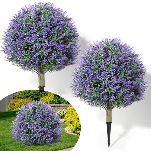 2-Pack 24-Inch Artificial Topiary Ball Trees with Ground Spikes, Purple