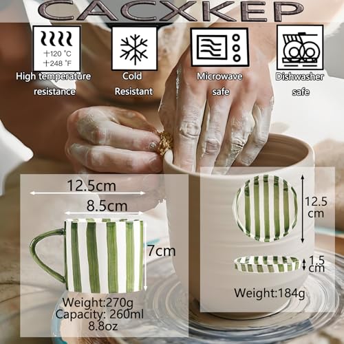 Green 8oz Ceramic Coffee Mug with Saucer – Hand-Painted Striped Espresso Cup