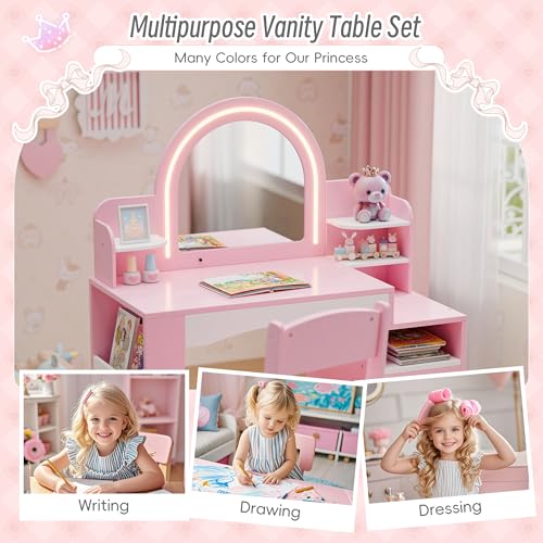 Kids Vanity Table Set with Lighted Mirror, Bookshelf and Stool (Pink)