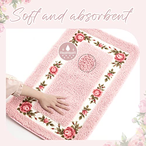 4-Piece Pink Floral Bathroom Rug Set - Non-Slip Absorbent Flower Bath Mats