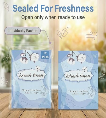Fresh Linen Closet Air Freshener Sachets with Hanging Hook, 12-Pack