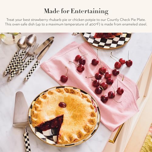 Kenzie-Childs Enamel Pie Plate with Black-and-White Courtly Check Pattern - Oven Safe
