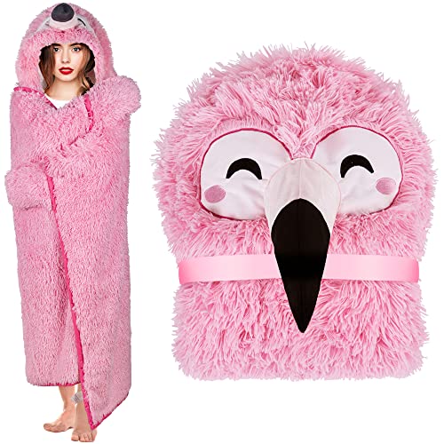 Happy Fuel Flamingo Wearable Hooded Blanket for Adults - Fluffy Furry Fleece & Sherpa Cozy Wrap