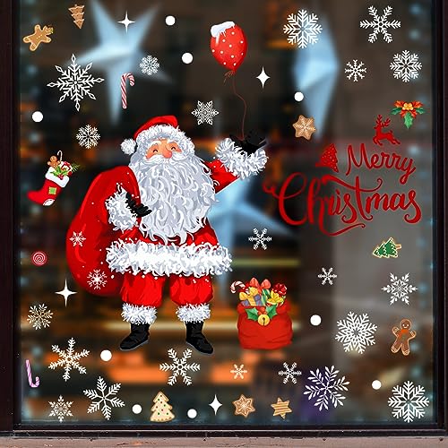 Runtoo Christmas Santa Window Decals - Removable Wall Art, Snowflake & Ornament Clings