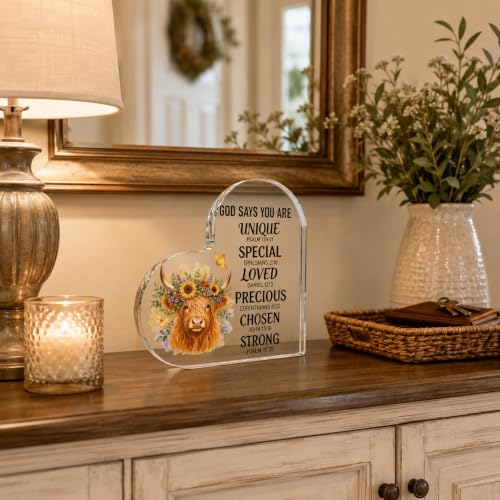 Christian Highland Cow Decor Gift for Women - Rustic Faith Message Plaque