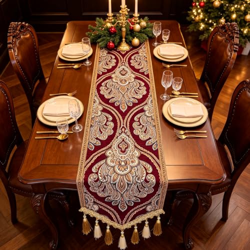 HeMiaor Red French Manor Burgundy Paisley Jacquard Christmas Table Runner 94 Inch