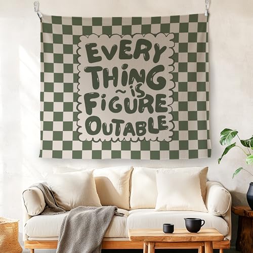 Green Checkered Positive Affirmation Wall Tapestry - 50x60 Inch Wall Decor