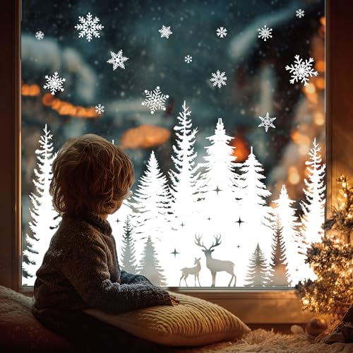 Whaline 6 Pack Christmas Window Clings - White Xmas Tree Snowflake Elk Designs (Variation: Christmas White Xmas Tree)