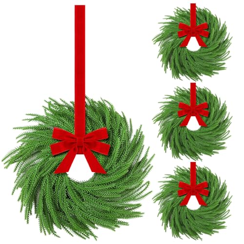 Set of 4 Mini Christmas Cabinet Wreaths, 15-Inch Norfolk Pine with Red Bows