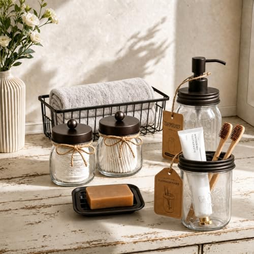 6-Piece Mason Jar Bathroom Accessory Set with Wire Basket