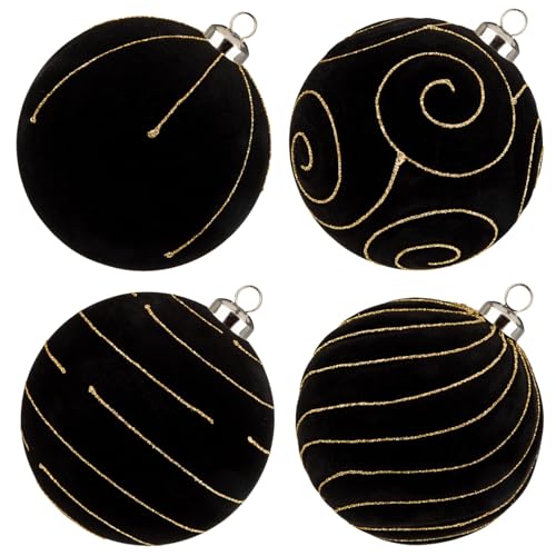 GnFlus Black Velvet Christmas Ornaments 4.7 Inch - Elegant Large Holiday Balls for Tree Decoration, Wedding & Halloween, 4 Pack