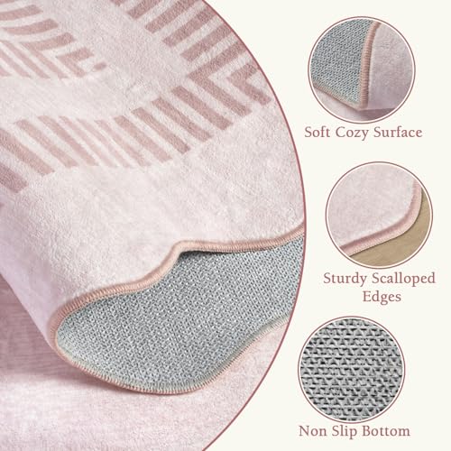 5x7 Washable Pink Area Rug, Non-Slip Scalloped Vintage Rug for Bedroom