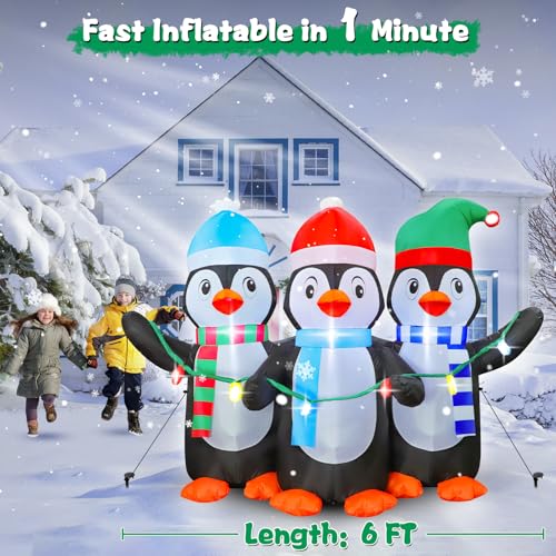 FunFanso 6 FT Christmas Inflatable Penguin Decoration with LED Lights – 3-Penguin Set