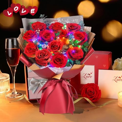 12 Preserved Real Red Roses Bouquet with LED Lights in Luxury Gift Box