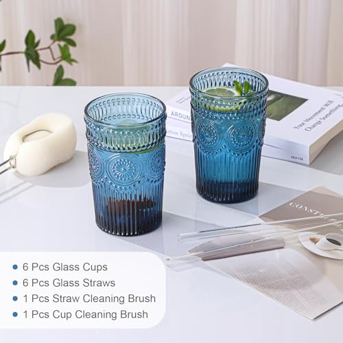 13oz Vintage Flower Drinking Glasses Set with Straws - 6 Piece Blue Glassware