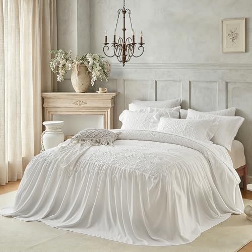 Queen White Ruffle Skirt Bedspread Set - 3-Piece Vintage Boho Quilt Coverlet