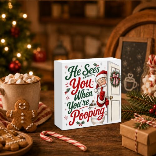 SOFEGY Funny Christmas Bathroom Decorations—He Sees You When You're Pooping Sign (Bathroom Variation)