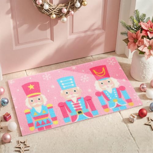 Pink Christmas Nutcracker Doormat - 27.6 x 15.7 Inch PVC Loop Pile Welcome Rug with Snowflakes