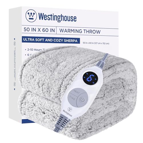 Electric Heated Throw Blanket, 6 Heat Settings, Soft Plush Sherpa, 50x60"