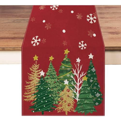 Moutina Christmas Table Runner 13x36 Inch Red Snowflakes & Pine Trees Seasonal Decor