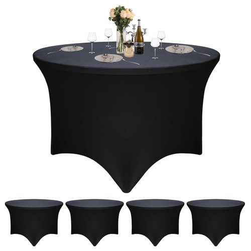 4 Pack Black 48-Inch Diameter x 30-Inch High Round Spandex Tablecloth for 4FT Round Tables|Fitted Stretch Tablecloth with Foot Bag for Party, Wedding, Birthday, Banquet, Vendor Stand