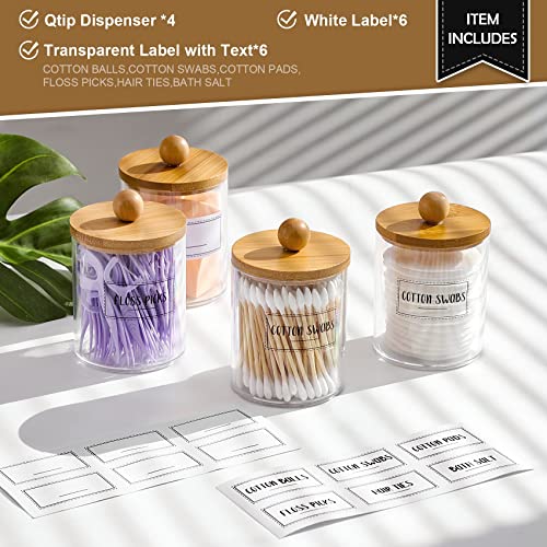 4 Pack Apothecary Jars with Bamboo Lids - 10 oz Clear Plastic Storage Containers for Bathroom Vanity
