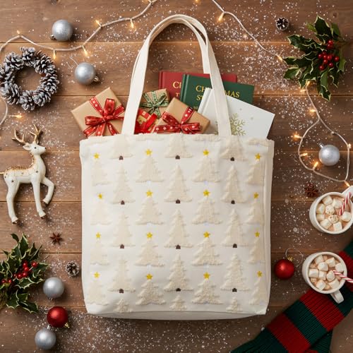Abbylike Christmas Embroidery Tote Bag – White Canvas with Xmas Tree Design, Creamy White
