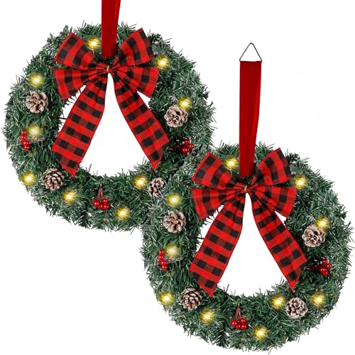 14-Inch Pre-Lit Christmas Wreaths with LED Lights & Timer, 2-Pack
