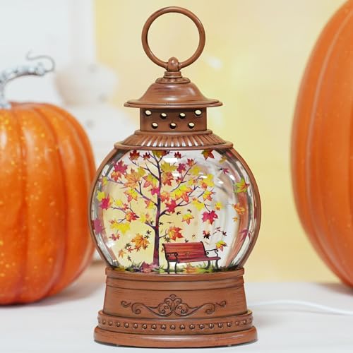 Lighted Autumn Snow Globe Lantern with Timer - Fall Thanksgiving Decor