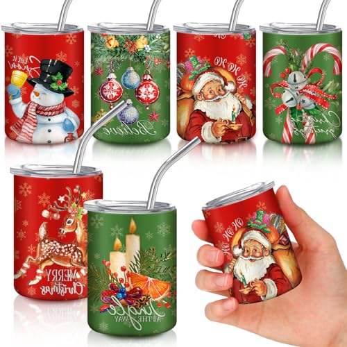 Reindeer 6 Pcs 3 oz Christmas Mini Tumbler Shot Glass with Straw and Lid - Roshtia
