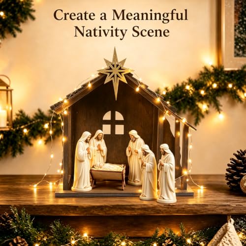 Fangoo 12'' Wooden Nativity Scene Stable with Roof Star & String Lights