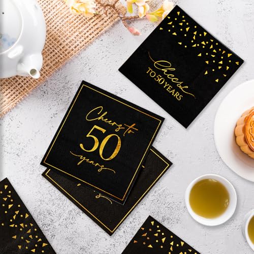 Hunanyume 50 Pack Cheers to 50 Years Black & Gold Cocktail Napkins - Elegant 5x5 Inch Party Supplies for 50th Birthday & Anniversary