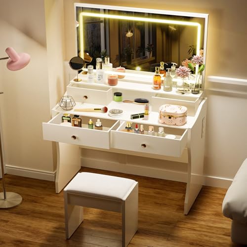 Makeup Vanity Desk with Lighted Mirror, 5 Drawers and Charging Station