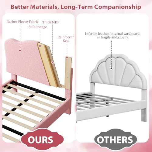 Twin Upholstered Platform Bed Frame with Scallop Headboard, Pink Berber Fleece