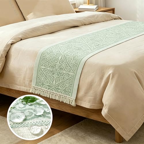 Waterproof Faux Linen Bed Runner with Tassels - Scandinavian Jacquard Bed Scarf