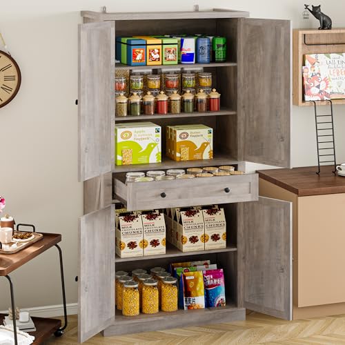 Tall Kitchen Pantry Cabinet with Barn Doors, White Storage Organizer