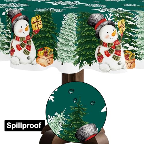 YOSTEV Xmas Tc 13 60" Round Green Christmas Tablecloth with Snowman Snowflakes – Spillproof Fabric