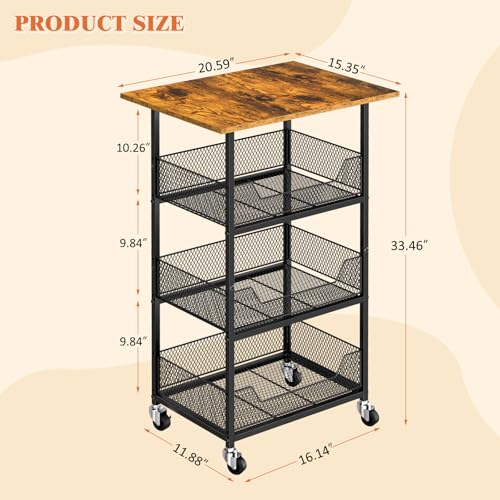 Rolling Microwave Cart with 3-Tier Storage Baskets and Shelving