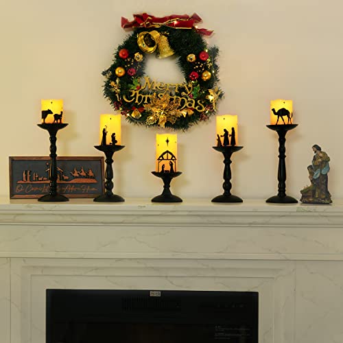Flameless Nativity Scene LED Pillar Candles with Remote & Timer - 5 Pack