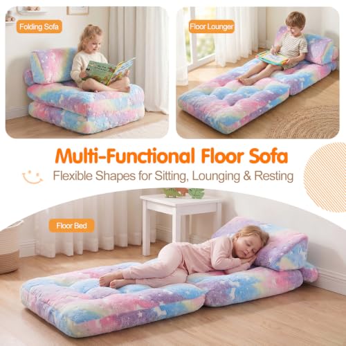 3-in-1 Fold-Out Kids Foam Chair - Glow-in-the-Dark Rainbow Unicorn