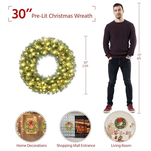 Yaheetech 30in Artificial Christmas Wreath with Pre-lit LED Lights & Red Bow - Holiday Decor