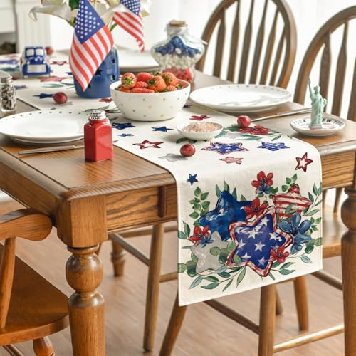 Artoid Mode Eucalyptus Flowers Stars 13x72 Inch Patriotic Table Runner beige