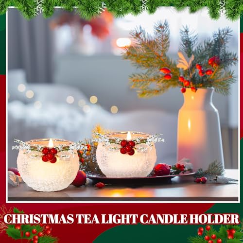6-Piece Christmas Votive Candle Holders with Snowy Pine Leaves & Red Berries