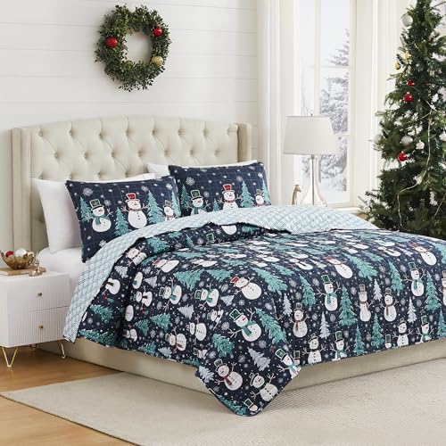 Christmas Full/Queen Quilt Set with Pillowcases - Snowman Winter Scene